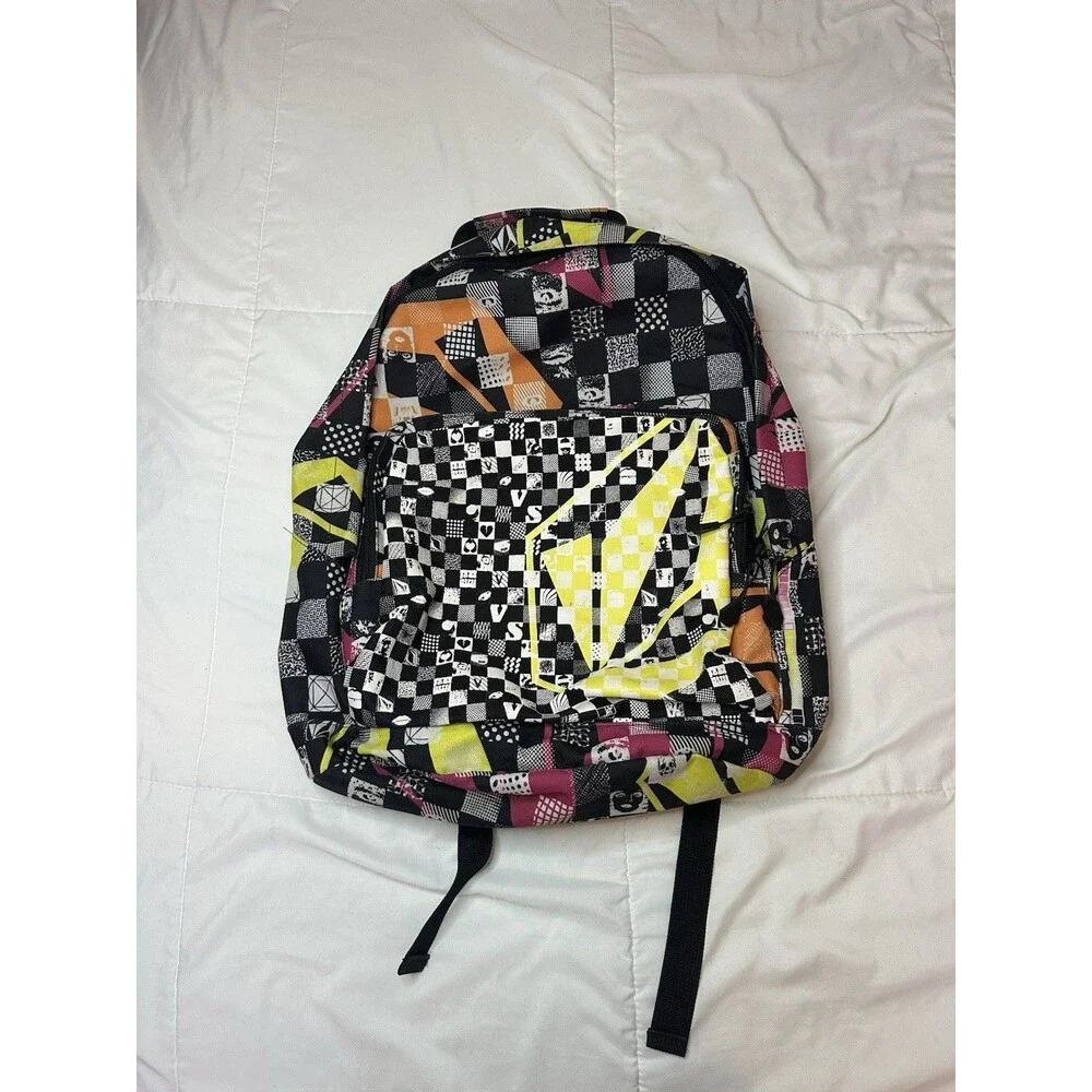 VTG 00s Volcom Backpack Y2K Checker Scene AOP Large Pink Black White Skull Logo